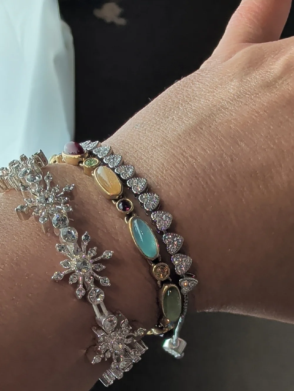 Eclectic Bracelet Stack Lot Gold Silver Rhinestone Gemstone Coquette Glam